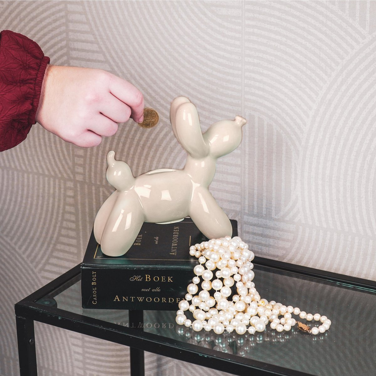 Ornament – Spaarpot Ballonhond Keramiek | Zandkleur | 17 x 7 x 17 cm🐶